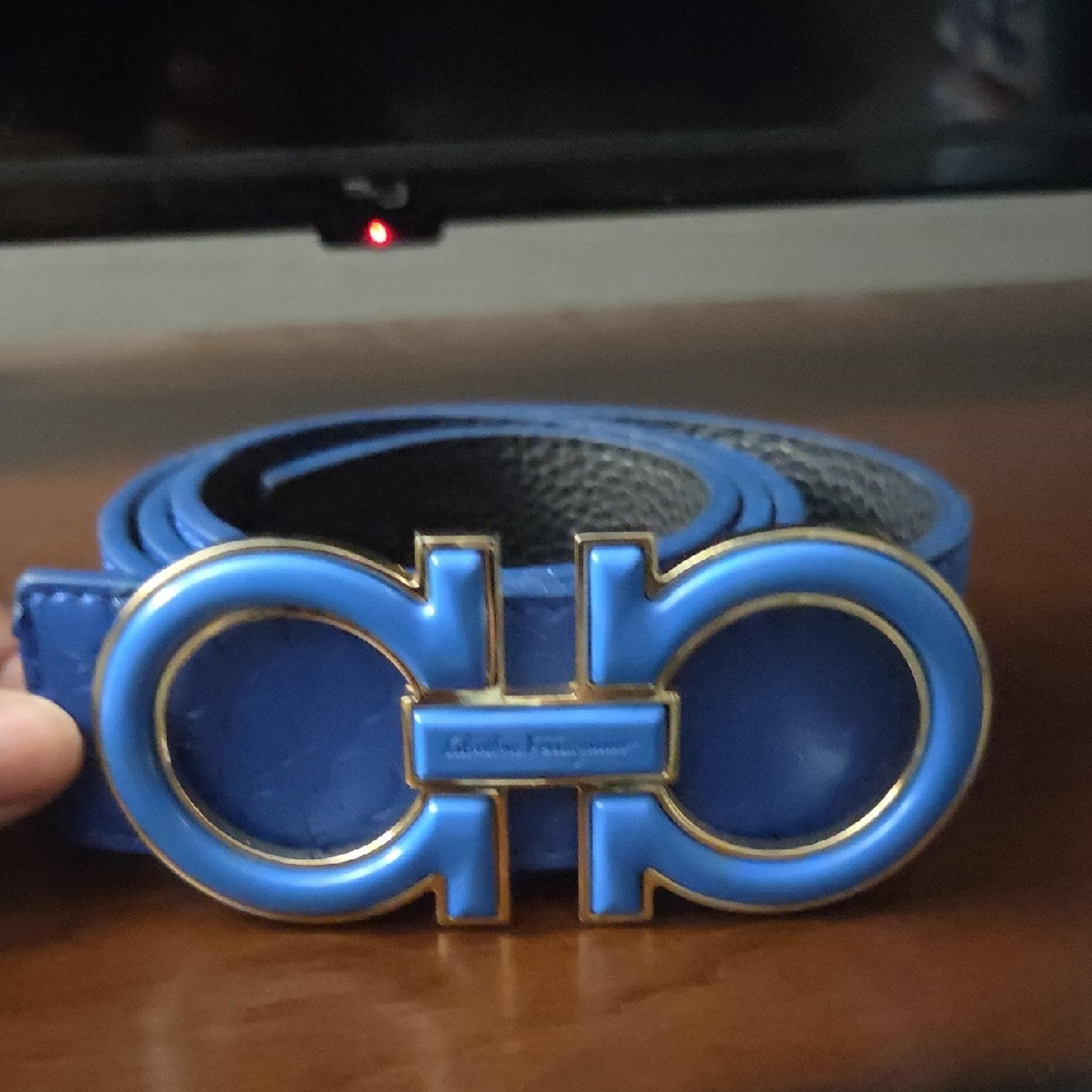 Salvatore Ferragamo Blue Men's Belt with Gold Buckle